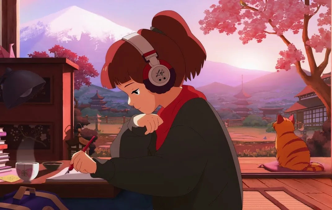 Stylized illustration of a person listening to music
